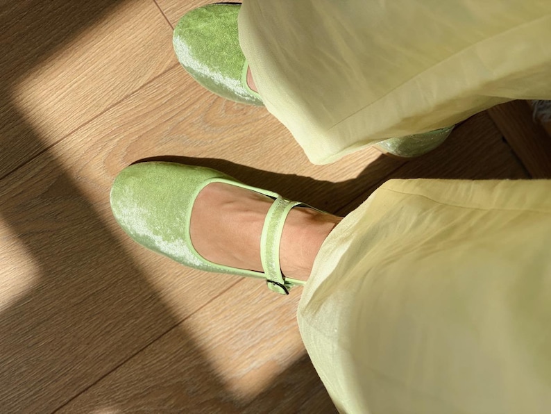 Lime Green Velvet Mary Jane Shoes Women's Mary Janes Handmade Vintage Shoes Lime Green Shoes Velvet Flats image 2