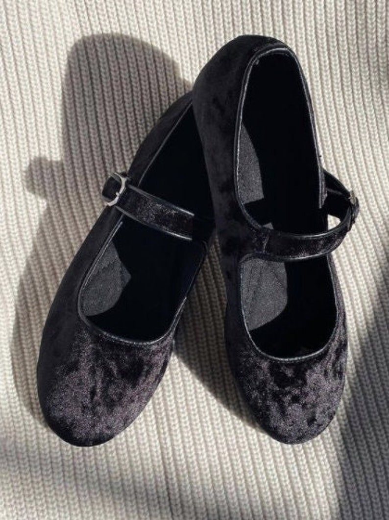 Black Velvet Mary Jane Shoes Women's Mary Janes Handmade Vintage Shoes Black Shoes Velvet Flats image 2