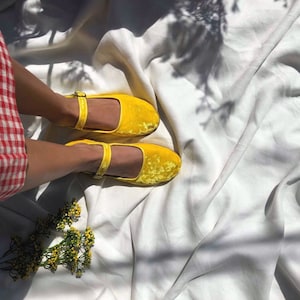 Yellow Velvet Mary Jane Shoes - Women's Mary Janes - Handmade Vintage Shoes - Yellow Shoes - Velvet Flats