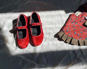 Red Velvet Mary Jane Shoes - Women's Mary Janes - Vintage Shoes - Handmade Red Shoes - Velvet Flats