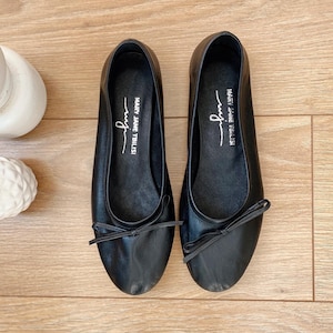 Black Leather Ballerina Flat Shoes - Women&#39;s Flats - Vintage Shoes - Handmade Black Shoes - Leather Flats