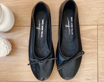 Chaussures plates ballerine en cuir noir - Chaussures plates pour femmes - Chaussures vintage - Chaussures noires faites à la main - Chaussures en cuir