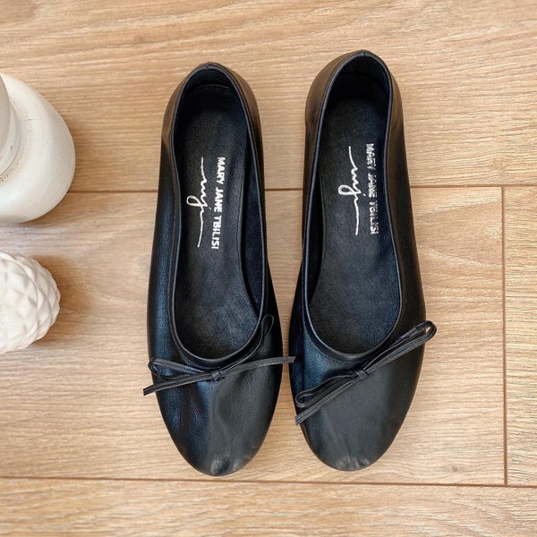 Black Leather Ballerina Flat Shoes - Women's Flats - Vintage Shoes - Handmade Black Shoes - Leather Flats