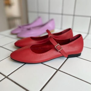 Red Leather Mary Jane Shoes - Women's Mary Janes - Handmade Vintage Shoes - Red Shoes - Leather Flats