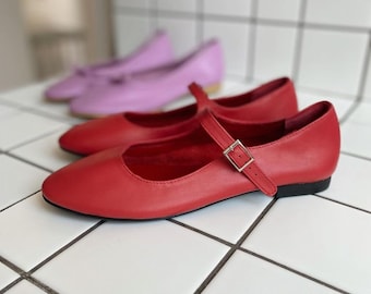 Red Leather Mary Jane Shoes - Women's Mary Janes - Handmade Vintage Shoes - Red Shoes - Leather Flats