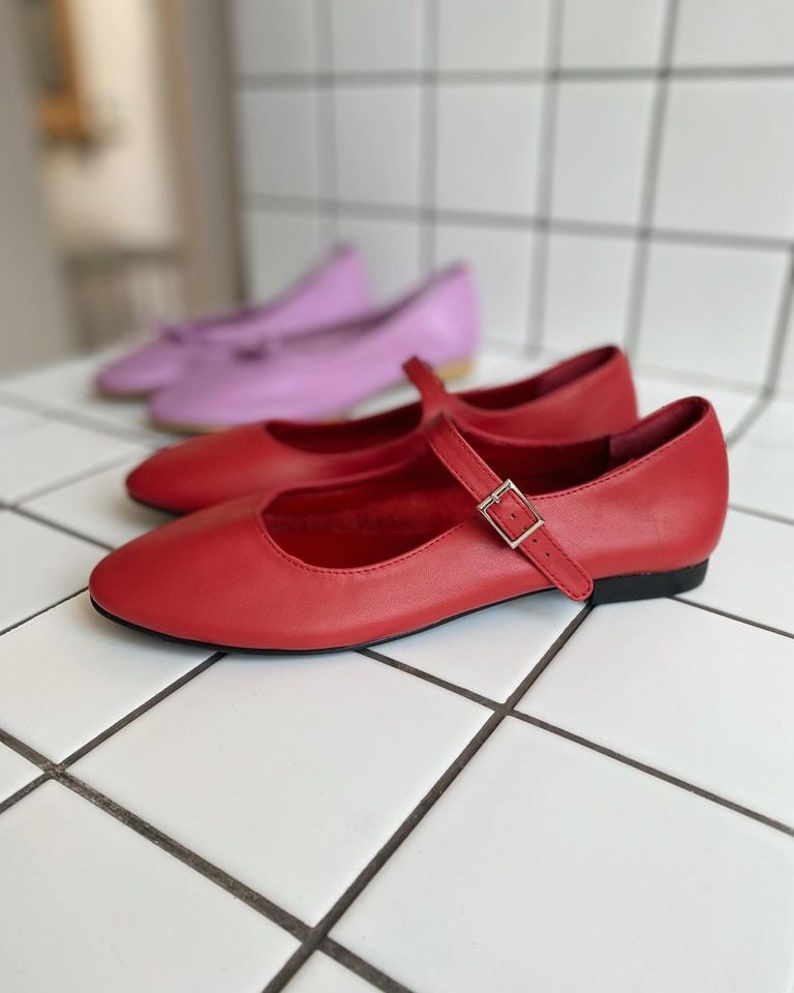 Red Leather Mary Jane Shoes Women's Mary Janes Handmade Vintage Shoes Red Shoes Leather Flats image 1