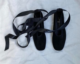 Black Suede Ballerina Flat Shoes - Women's Flats - Vintage Shoes - Handmade Black Shoes - Leather Flats