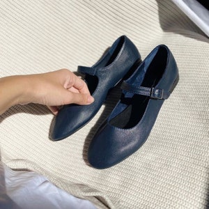 Navy Blue Leather Mary Jane Shoes Women s Mary Janes Vintage Shoes Handmade Navy Blue Shoes Leather Flats