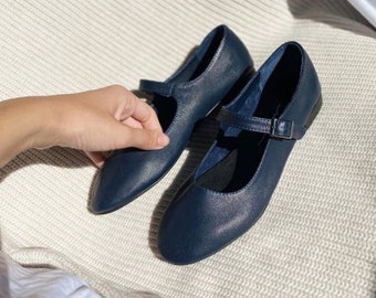 Navy Blue Leather Mary Jane Shoes - Women's Mary Janes - Vintage Shoes - Handmade Navy Blue Shoes - Leather Flats