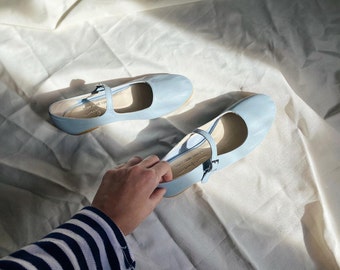 Sky Blue Mary Jane Shoes - Women's Mary Janes - Vintage Shoes - Handmade Sky Blue Shoes - Leather Flats