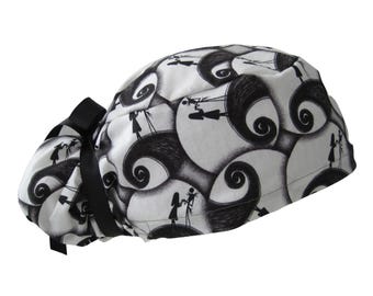 Bonnet de bloc opératoire à queue de cheval « L'Étrange Noël de Monsieur Jack », élastique européen, doublure en satin et boutons en option