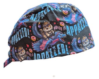 Bonnet de bloc opératoire Mongo Donut Princess Cat Dungeon Crawler, élastique européen, doublure et boutons en option, doublure et boutons en satin.