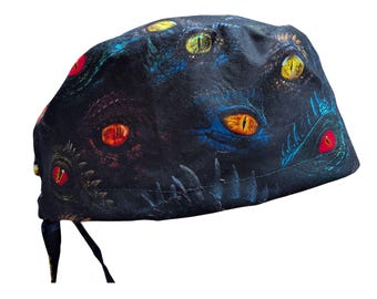 Bonnet de bloc opératoire Dragon Dinosaur Eye Eye avec élastique européen. Doublure et boutons en satin (en option).