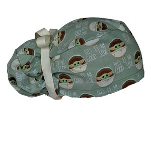 Baby Yoda Scrub Cap, Ponytail Scrub Cap, Mandalorian Star Wars Euro elastic optional satin lining & buttons