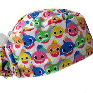 Baby Shark Scrub Cap, Ponytail Scrub Cap, Sharks Scrub Cap, Button Option, Surgical Hat, Long hair Scrubs, Ocean Scrub Cap, Choice of Ribbon