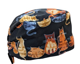 Bonnet de bloc opératoire à motif chat, fermeture à nouer ou élastique européen, doublure en satin et boutons en option