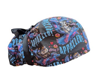 Bonnet de bloc opératoire Donut Princess Mongo Dungeon Crawler Cat à queue de cheval, fermeture européenne ou ruban, doublure en satin optionnelle, boutons