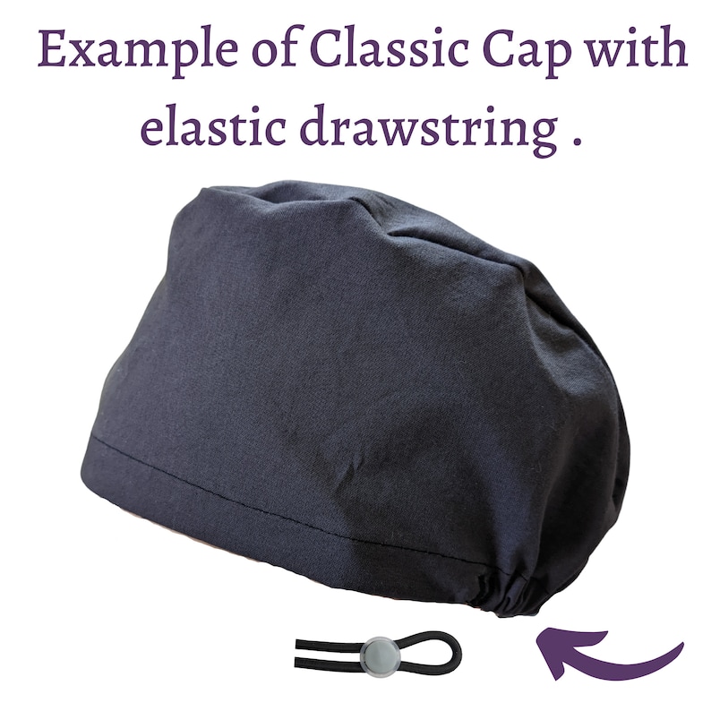 May include: A dark navy blue classic cap with an elastic drawstring. The cap is made of a soft fabric and is designed to fit comfortably. The text "Example of Classic Cap with elastic drawstring" is visible.