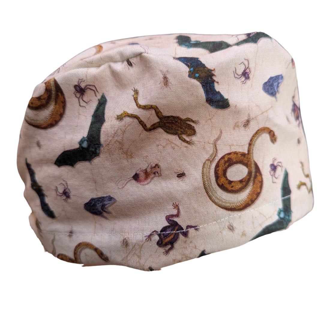 Snake Hand Scrub Bat Snake Spider Frog Rat Insects Scrub Cap Tie Back or Euro Elastic ...
