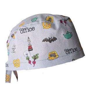 The Office Scrub Cap Classic Style Satin lined Button Option Elastic or Tie Back Doctor Nurse Surgeon Veterinarian OB Surgical Skull Cap
