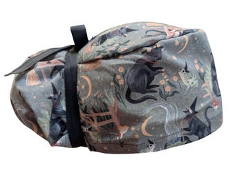 Cat and Frog Witch Ponytail Scrub Cap Euro Elastic Optional Satin lined & button, Goblincore