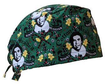 Bonnet de bloc opératoire de Noël Buddy l'elfe, élastique européen ou à nouer, doublure en satin et boutons (chirurgien)