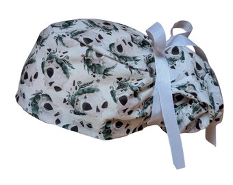 Mousse des forêts, champignon, tête de mort, squelette, queue de cheval, bonnet de gommage, élastique européen, doublure et bouton en satin en option