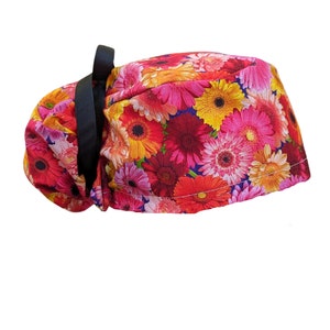 Gerber Daisy Ponytail Scrub Cap: Tie back or Euro Elastic Optional Satin lined & buttons