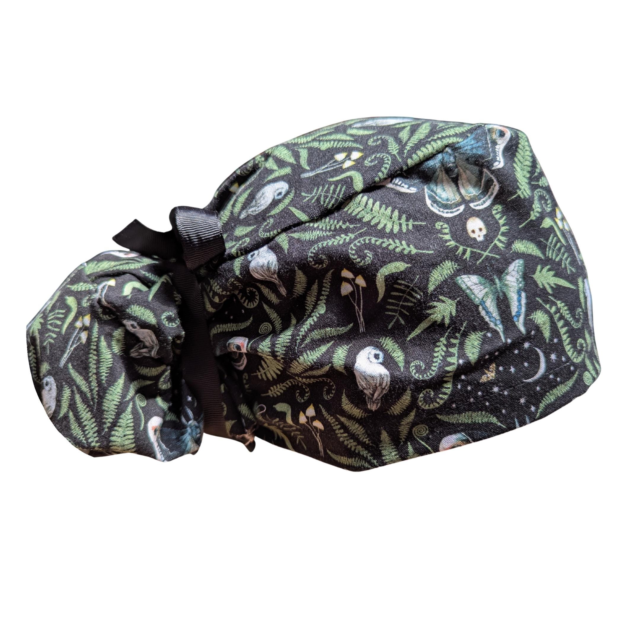 Moth Owl Ponytail Scrub Cap Celestial Fern Euro elastic optional satin lining & buttons