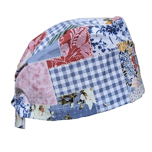 Patchwork Quilt Gingham Skull Style Scrub Cap Tie Back or elastic Satin lined buttons Surgeons Surgical Doctor Nurse Dentist Vet OB OR PA