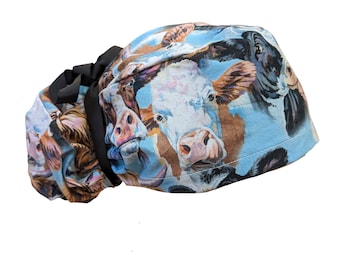Cows Highland Jersey Holstein Cattle Ponytail Scrub Cap Euro elastic optiona satin lining & buttons