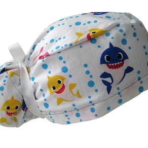 Baby Shark Scrub Cap, Ponytail Scrub Cap, Sharks Scrub Cap, Button Option, Surgical Hat, Long hair Scrubs, Ocean Scrub Cap, Choice of Ribbon
