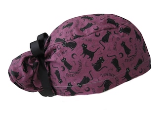 Bonnet de bloc opératoire Hocus Pocus Binx Cat à queue de cheval, ruban ou élastique européen, doublure en satin et boutons en option.