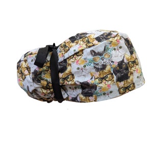 Cats in Glasses Kitten Ponytail Style Scrub Cap Satin lined button Ribbon or elastic Surgeons Surgical hat Doctor Nurse Dentist Vet OB OR PA