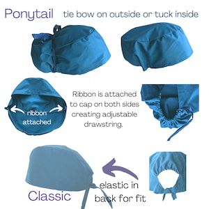 May include: A teal-colored surgical scrub cap with a ponytail design. The cap features a tie bow, elastic in the back for fit, and an adjustable drawstring. The text "Ponytail" and "Classic" are visible.