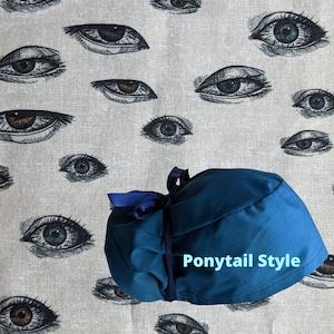 Eye Eyeball Lashes Ponytail Scrub Cap, Halloween Ribbon or Elastic Drawstring Button opt Surgical OR Optometrist Doctor Surgeon Nurse OB