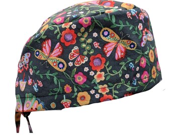 Casquette exfoliante aux champignons et aux papillons de jardin avec attache dans le dos ou élastique européen, doublure en satin et boutons en option