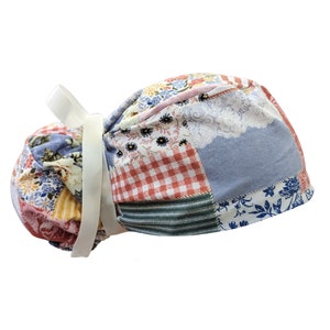 Patchwork Quilt Gingham Ponytail Scrub Cap ribbon or elastic Buttons Satin lined opt Surgeons Surgical Doctor Nurse Dentist Vet OB OR PA