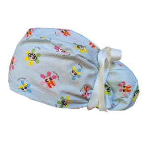Powerpuff girls Cartoon Ponytail Scrub Cap Satin lined buttons choice ribbon or elastic Surgeons Surgical Doctor Nurse Dentist Vet OB OR PA
