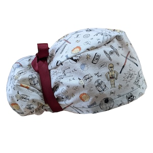 Star Wars Character Long hair Ponytail Scrub Cap w button or satin lining option Doctor Surgeon Nurse Dentist Veterinarian Vet, Surgical Hat