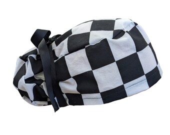 Checkered Black White Check Ponytail Scrub Cap Euro elastic Optional Satin lining & buttons