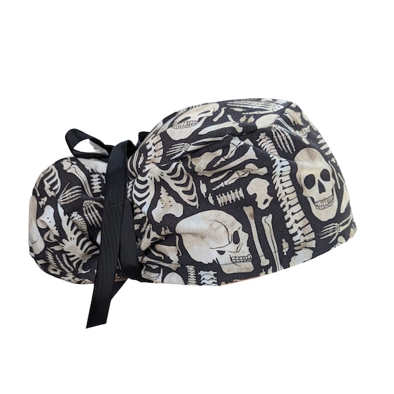 Anatomy Ortho Skeleton bones Ponytail Scrub Cap ribbon or elastic Satin lined buttons opt Surgeons Surgical  Doctor Nurse Dentist OB OR PA