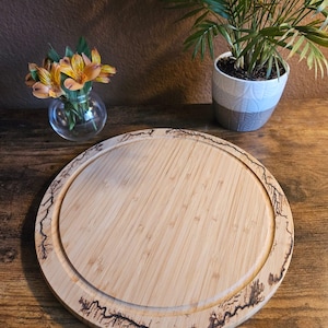 Round Bamboo Serving Tray Cutting Board Lichtenberg Fractal Burned Wood Art