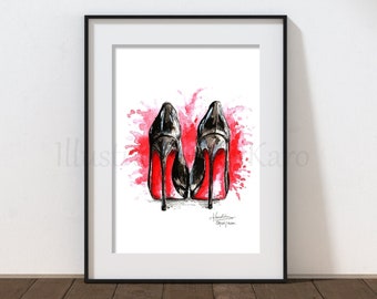 Louboutin inspired black and red heels illustration prints A6, A5, A4 / fashion print, shoes, beauty print, women empowerment