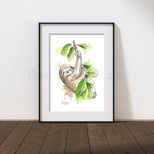 Sloth hanging on the tree A6 A5 A4 prints / wildlife, forest, animal illustration, watercolor, ink painting, sloth art, lazy sloth print