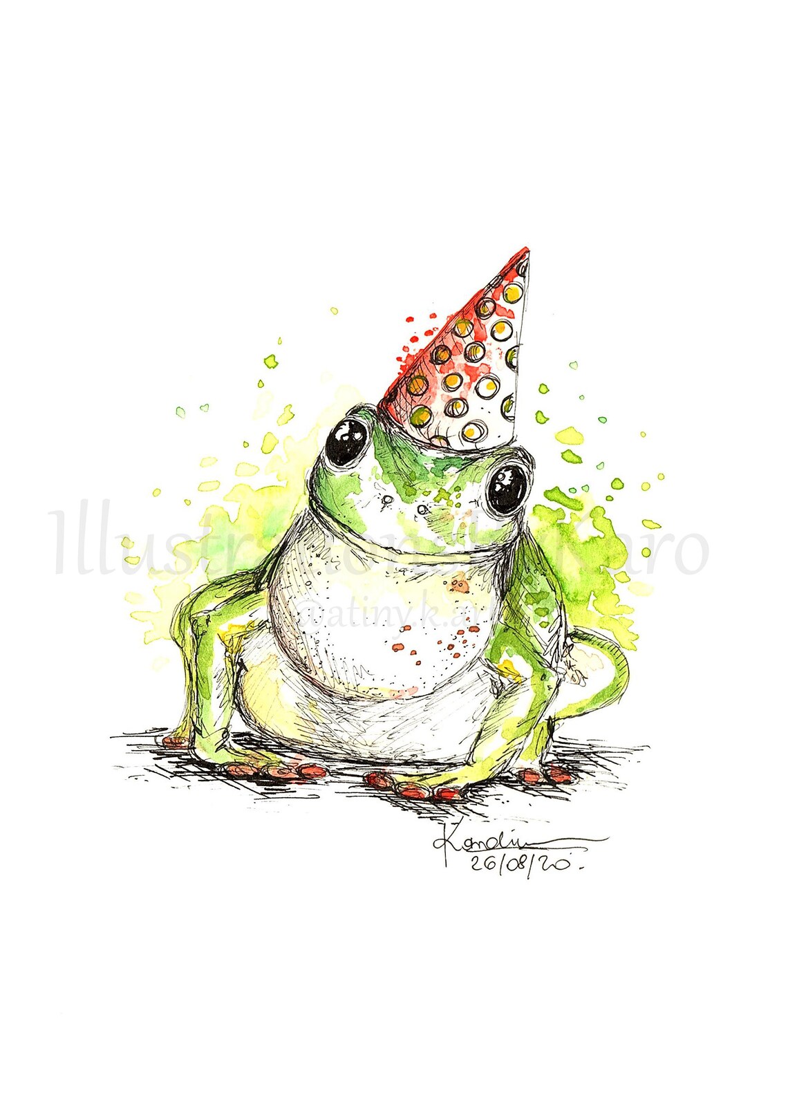 Party Birthday Frog in a Hat A6 A5 A4 / Ink Watercolor - Etsy