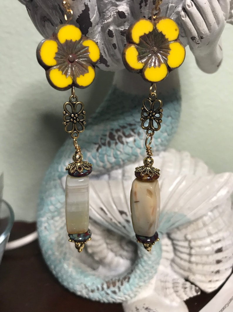 Yellow Picasso and Jade Earring with a touch of red