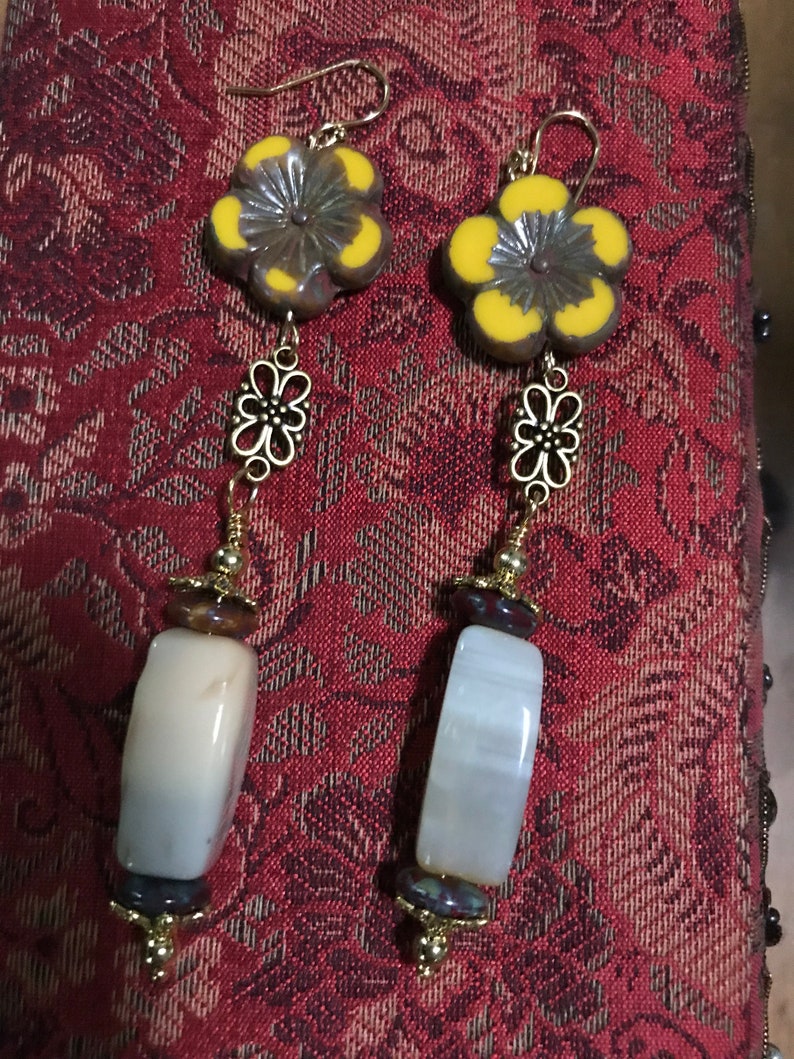 Yellow Picasso and Jade Earring with a touch of red