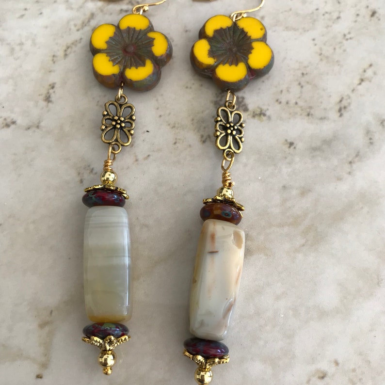 Yellow Picasso and Jade Earring with a touch of red