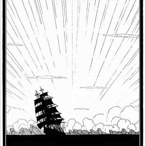 Könnte beinhalten: Eine schwarz-weiße Strichzeichnung, die ein Segelschiff auf dunkler See darstellt. Das Schiff mit mehreren Masten und Segeln ist vor einem Horizont aus stilisierten Wolken positioniert. Vertikale Linien strahlen vom Horizont nach oben.